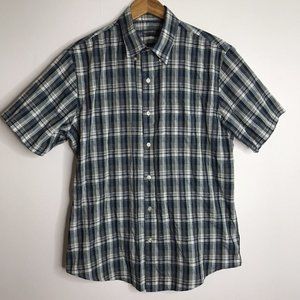 Van Heusen Men's Large 16-16 1/2 Gray Blue Green Plaid Short Sleeve Button Shirt